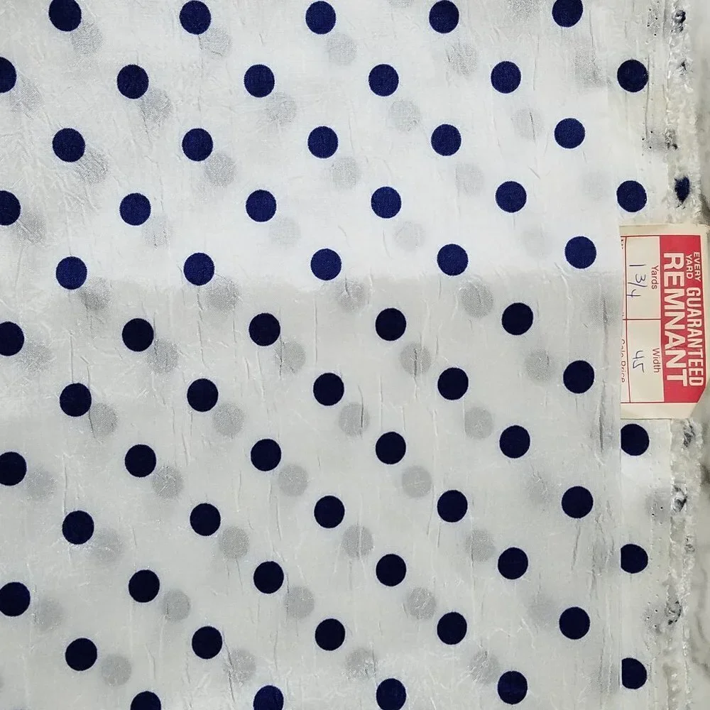 Vintage Polyester Fabric Polka Dots  White Navy 1 3/4 Yards 45